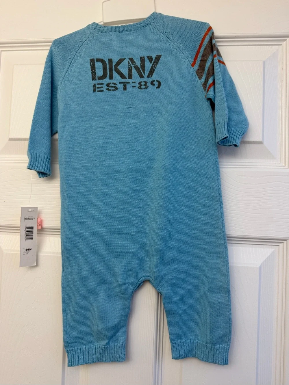 Dkny Light Blue Knit One-Piece Footie with Striped Shoulder